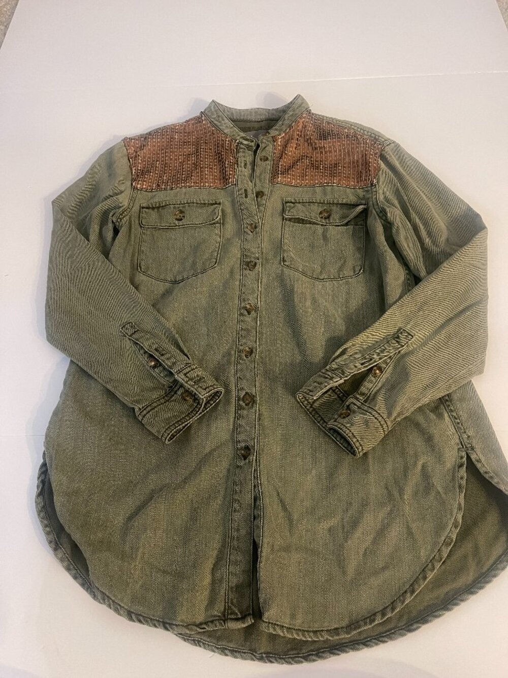Anthropologie Sequin Yoke Utility Denim Shirt Size 0